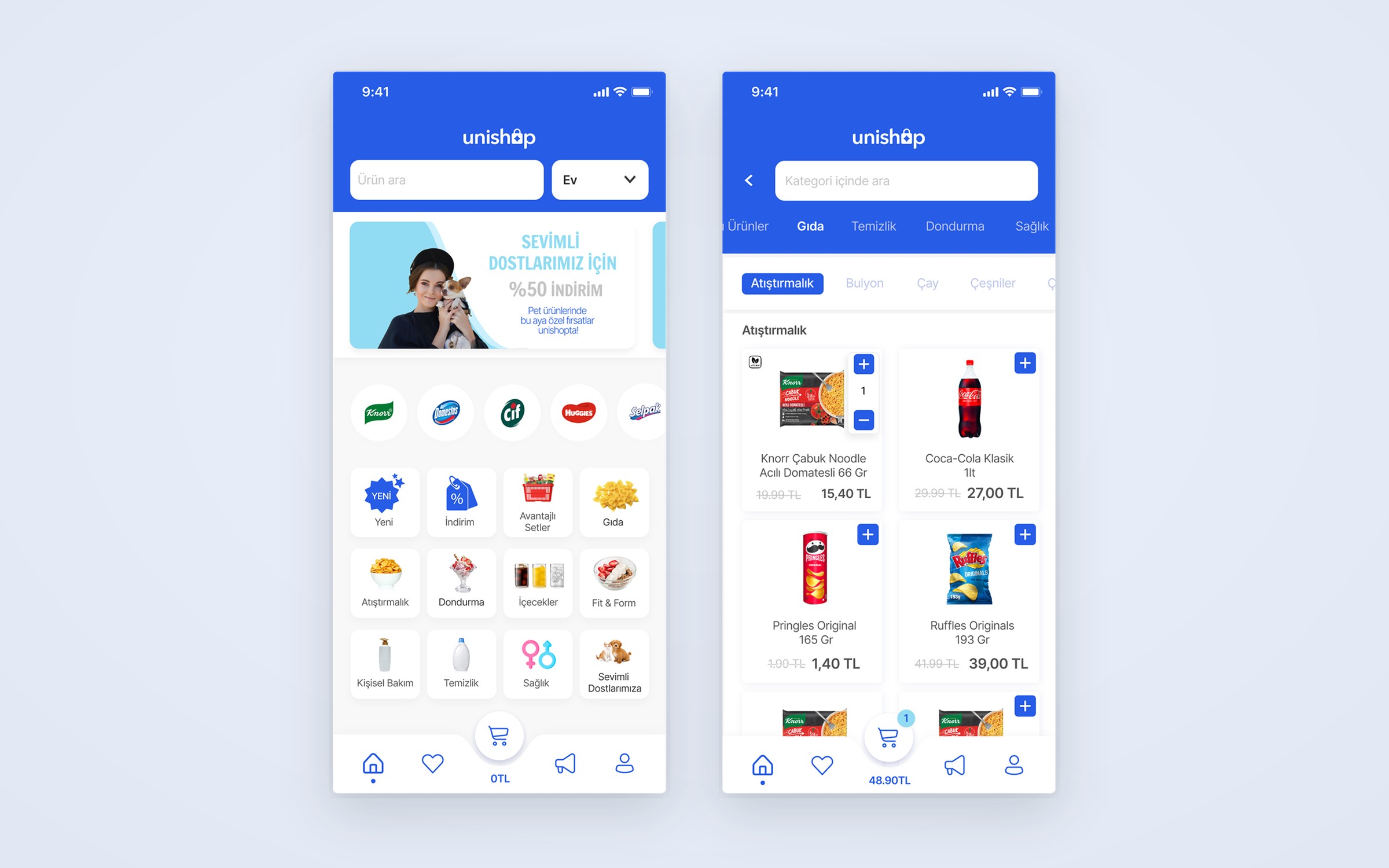 Unishop mobile app screens